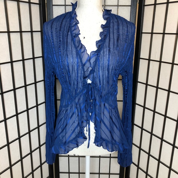 Dialogue Tops - Sheer & Sheen Ribbon Line Tie Up Ruffle Blouse